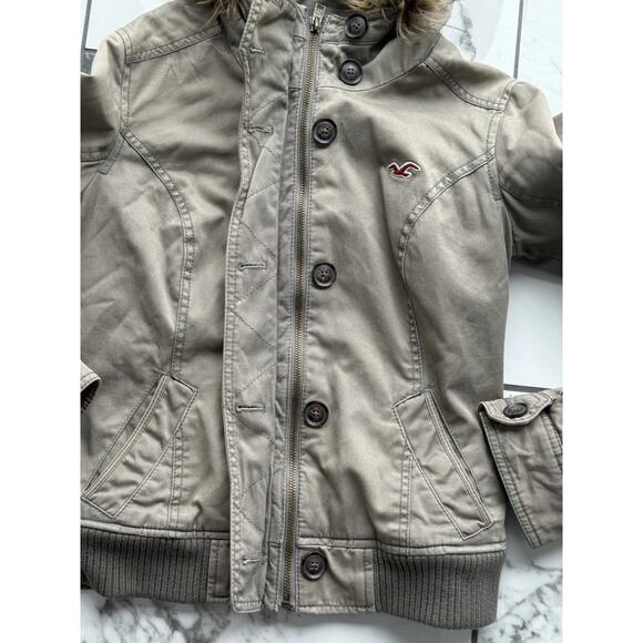 VTG HOLLISTER GRAIL Y2K Olive Bomber Flannel Lined Detachable Fur Trim Hoodie - Picture 4 of 16